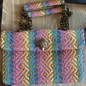 Kurt Geiger Multicolor Woven Straw Crossbody with Brass Chain and Bird Turn-Lock